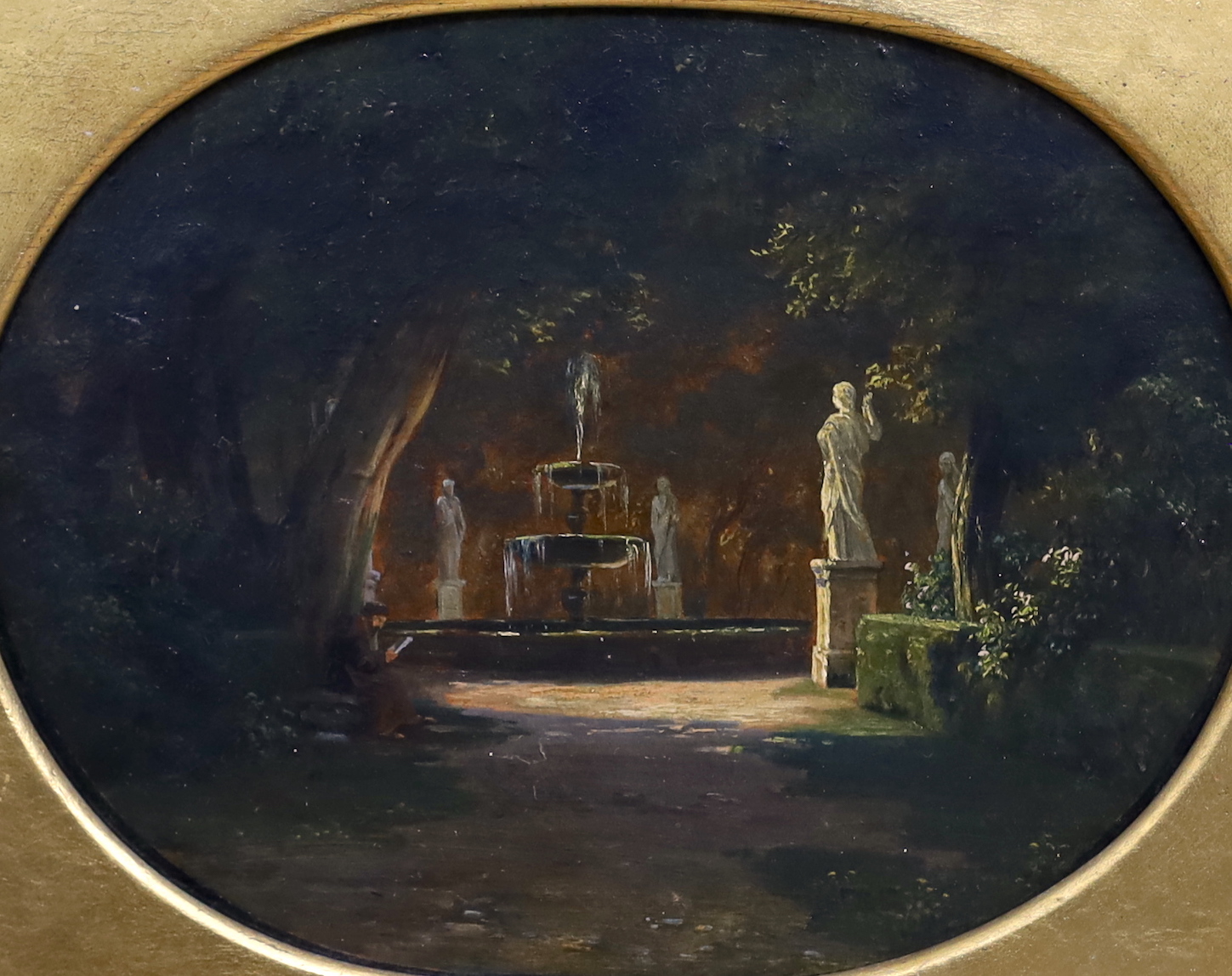 Thorald Læssøe (Danish, 1816-1878), oil on canvas, Classical statues and fountain, 23 x 17cm, oval gilt frame
